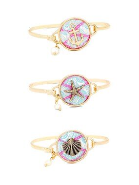 3 Gold Beach Charm Bangle Bracelets - Anchor, Starfish, Shell Pearl Stack Set